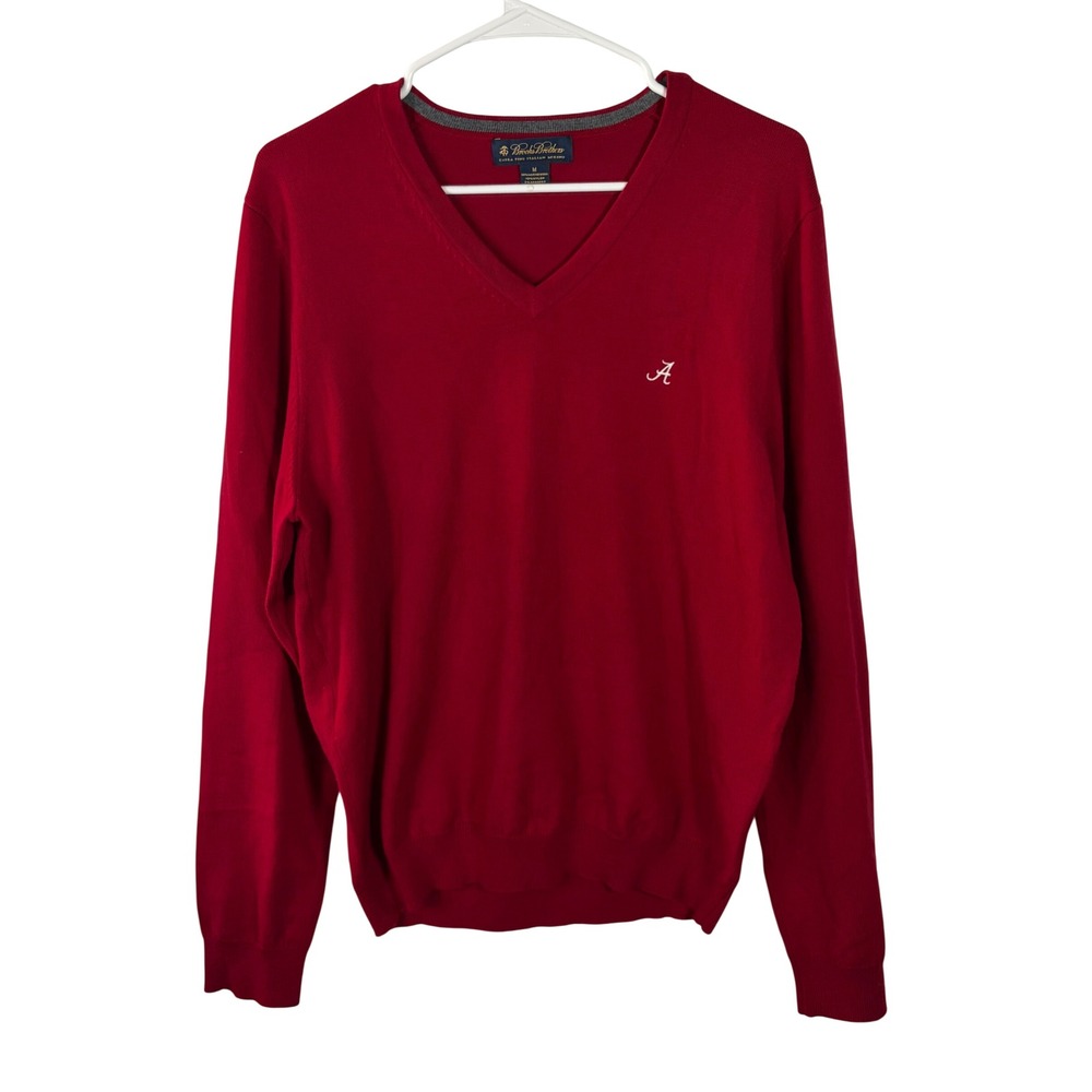 Brooks Brothers Mens Extra Fine Merino Wool V-Neck Sweater Red Alabama A Size M